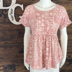 FSL Apparel | Babydoll Rolled‎ Sleeve Tee Blouse Boho Print